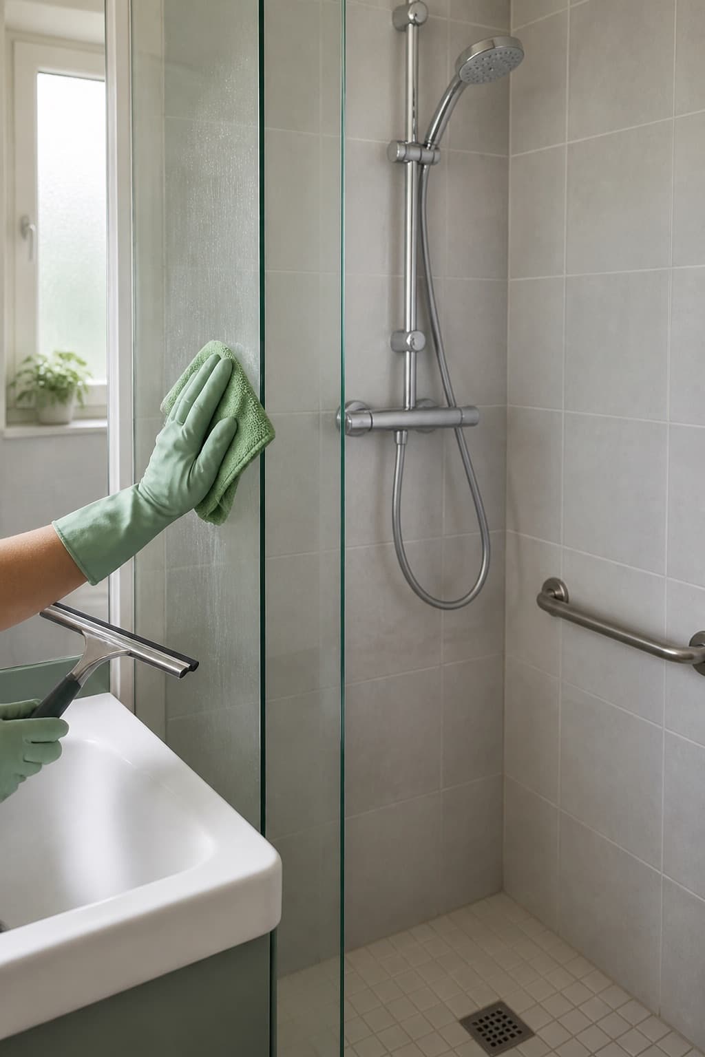 Illustration du nettoyage de la paroi d’une douche accessible